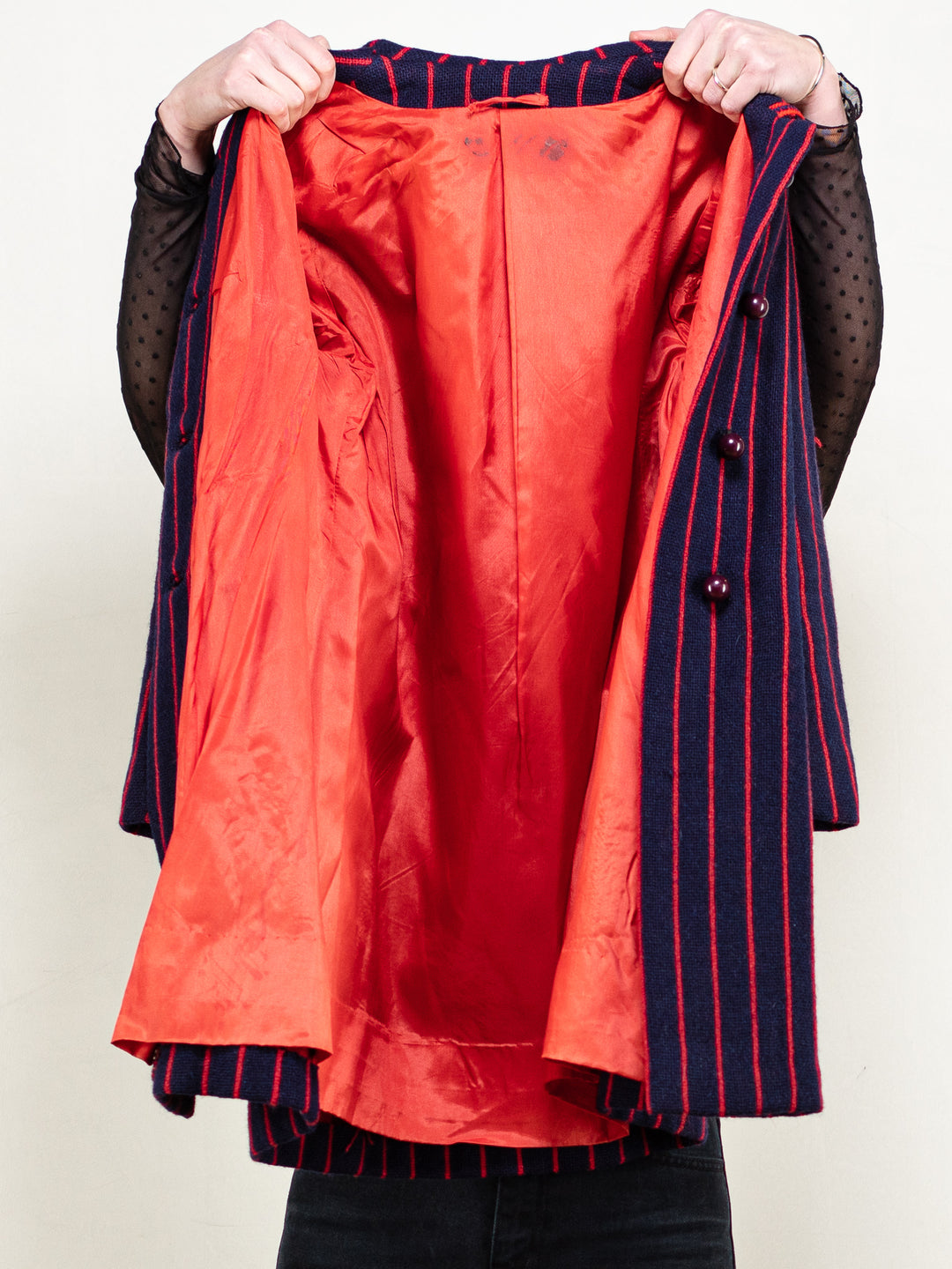 Vintage 60's Women Striped Wool Coat in Blue and Red - NorthernGrip