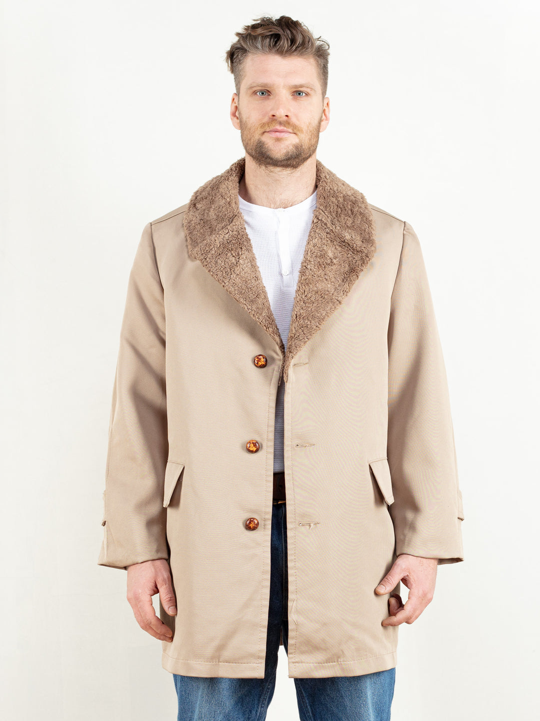 Vintage 80's Casual Mens Beige Coat - NorthernGrip