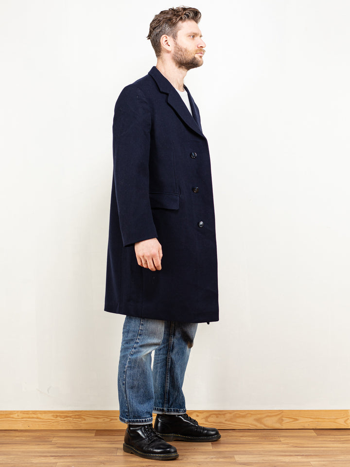 Vintage 70's Men Wool Overcoat in Navy Blue - NorthernGrip
