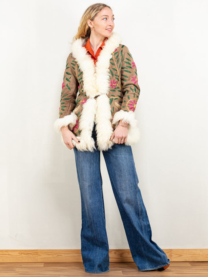 Women Vintage Style Floral Embroidery Afghan Coat in Beige - NorthernGrip