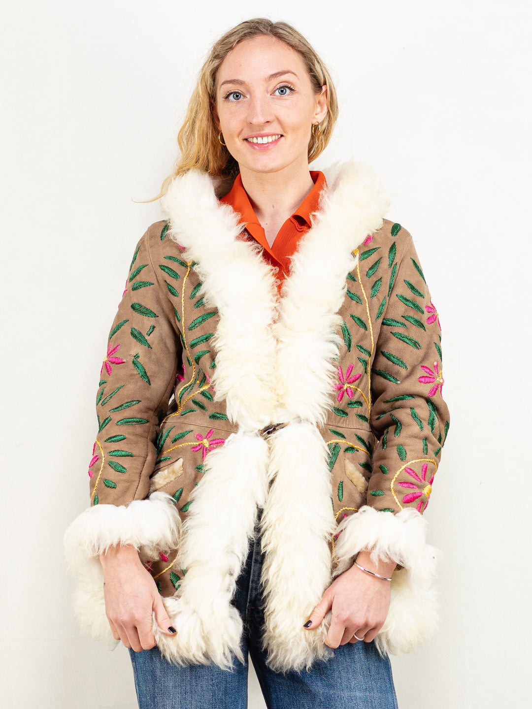 Women Vintage Style Floral Embroidery Afghan Coat in Beige - NorthernGrip