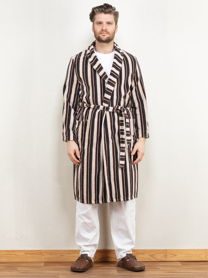 Vintage 80's Men Bathrobe in White and Brown - NorthernGrip