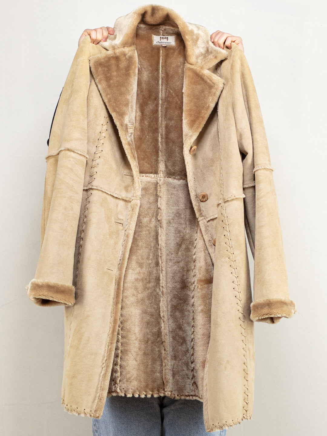 Vintage 90's Women Faux Suede Coat in Beige - NorthernGrip
