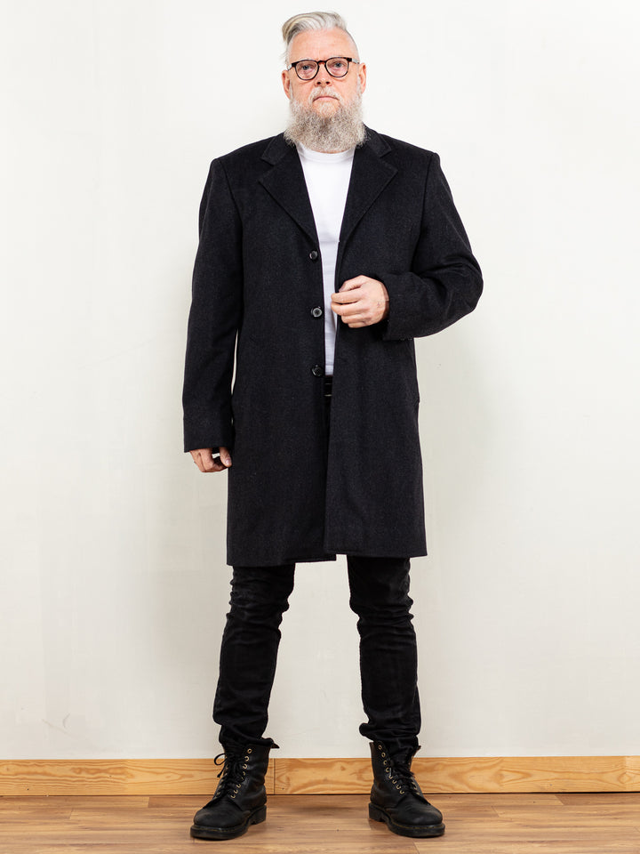 Vintage 90's Men Wool Blend Longline Coat in Black - NorthernGrip