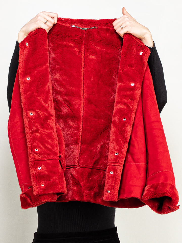 Vintage 90's Women Faux Shearling Jacket in Red - NorthernGrip