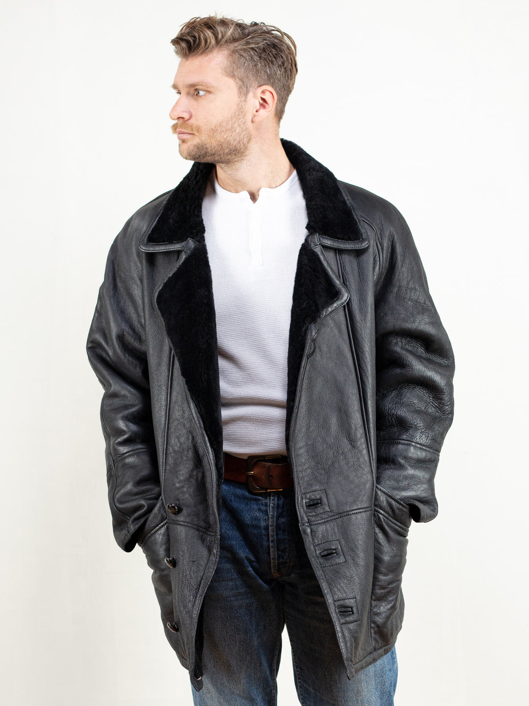 Vintage 80's Men Black Sheepskin Coat - NorthernGrip