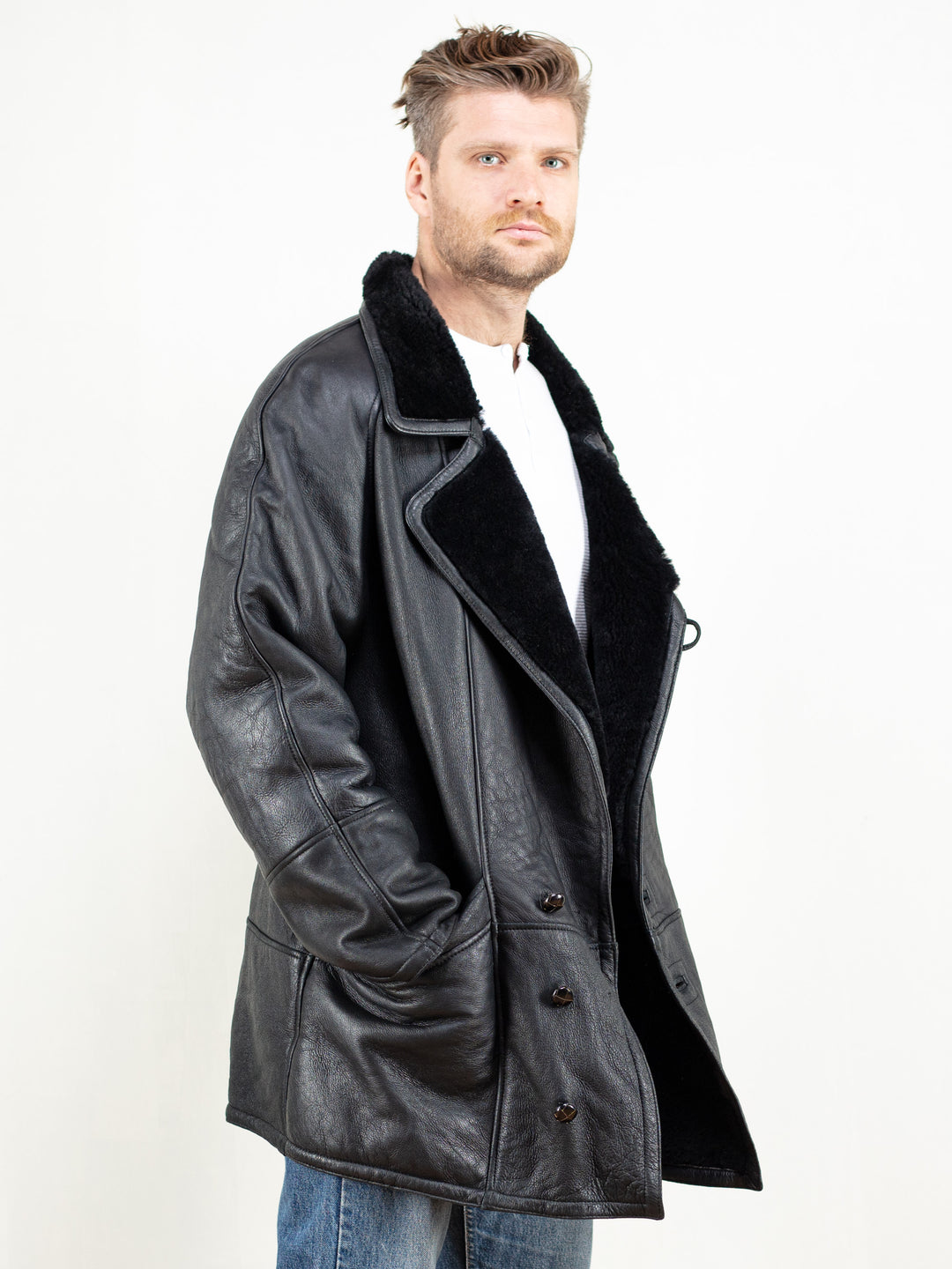 Vintage 80's Men Black Sheepskin Coat - NorthernGrip