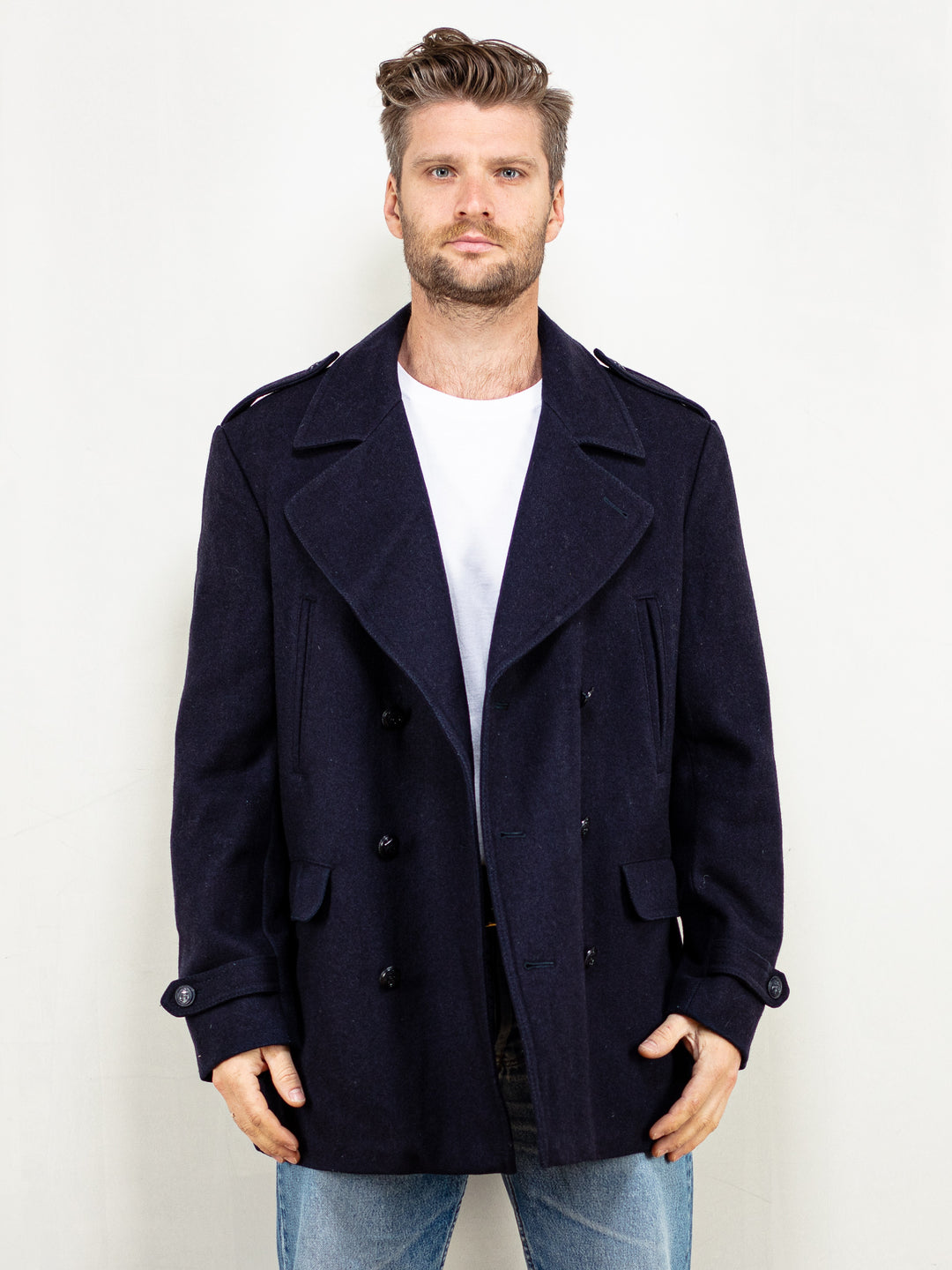 Vintage 70's Men Wool Coat in Navy - NorthernGrip