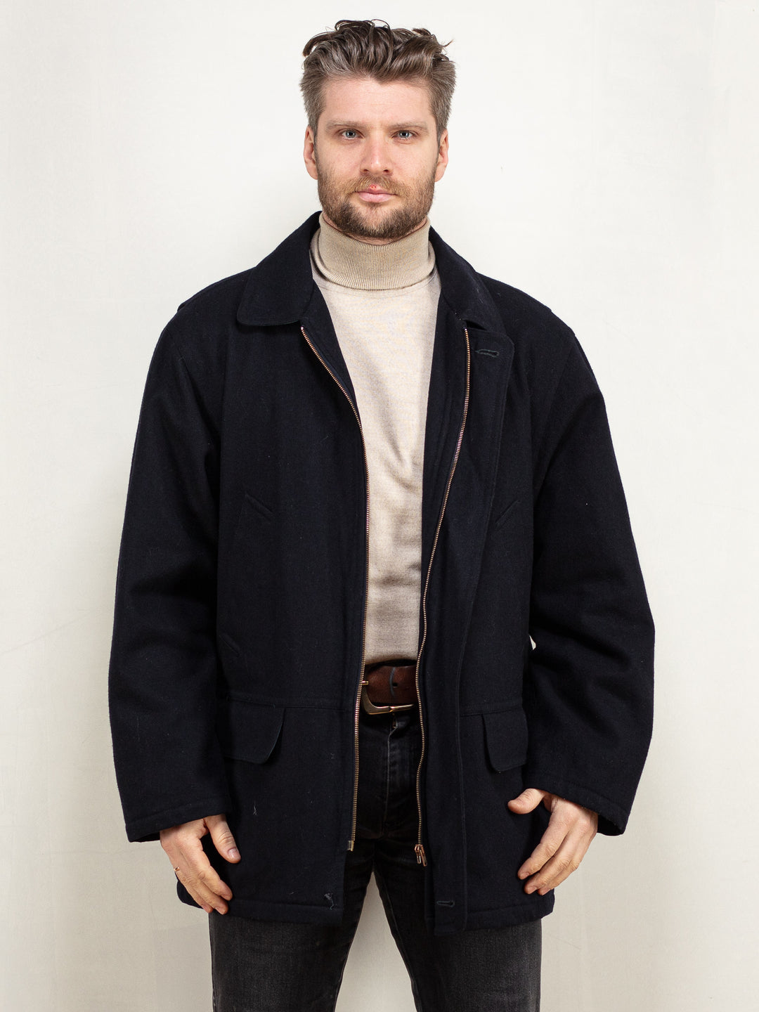 Vintage 80's Men Wool Blend Coat in Navy - NorthernGrip